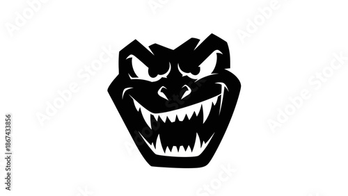 Fierce black monster face graphic with sharp teeth and angry eyes in a stylized menacing illustration on a white background with horror and creature