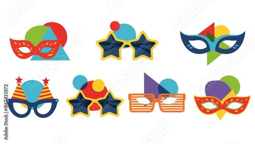 Colorful vector illustrations of party masks and glasses on white background