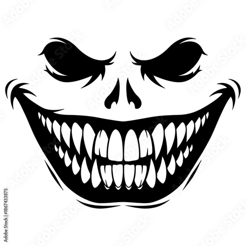 Scary monstrous grinning face with sharp teeth and evil eyes in black and white illustration style for halloween or horror themes with scary face