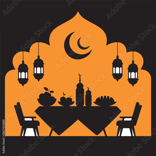Stylized orange and black graphic depicts an Iftar table with food and lanterns under an Islamic archway