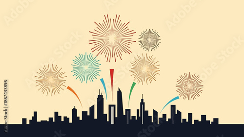 Colorful fireworks display over city skyline illustration on light background