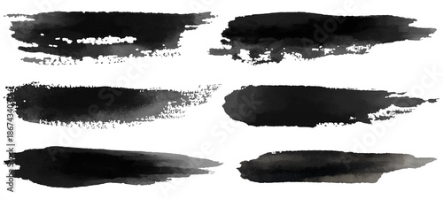 Set of horizontal black ink brush strokes with dry brush texture. Hand-painted Japanese calligraphy lines and grunge stripes. Transparent background illustration.