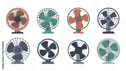 Collection of colorful electric fans in flat vector illustration style