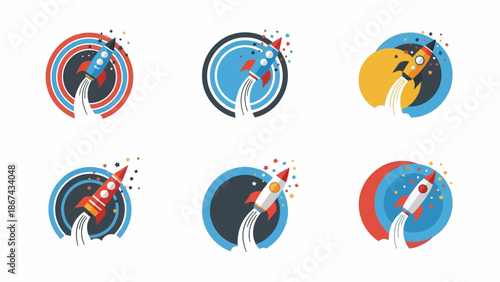 Colorful rocket launch icons on white design elements for various applications