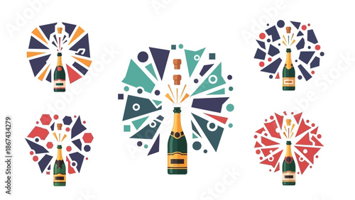 Champagne bottles with bursting corks and abstract geometric shapes isolated