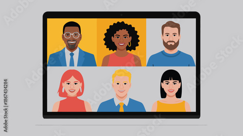 Online video meeting illustration with diverse people on screen for remote work, virtual conference, team communication and webinar concept