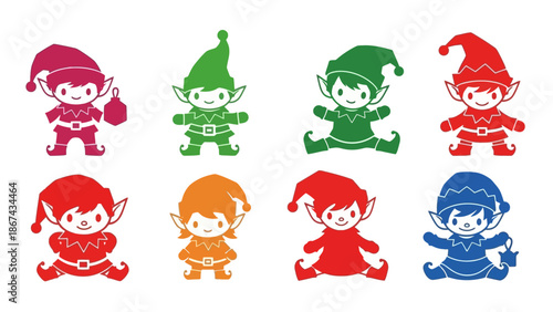 Colorful elf silhouettes in various poses for holiday themed designs