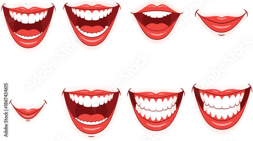 Set of Red Lips with White Teeth Showing Various Smiling and Laughing Expressions for Dental and Beauty Concept Vector.