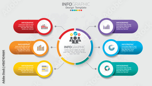 Infographic template with eight colorful sections and central icon