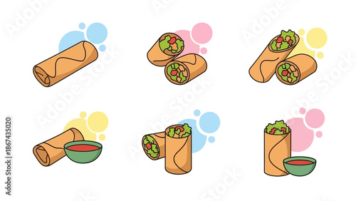 Set of spring rolls illustrations on white background for culinary design