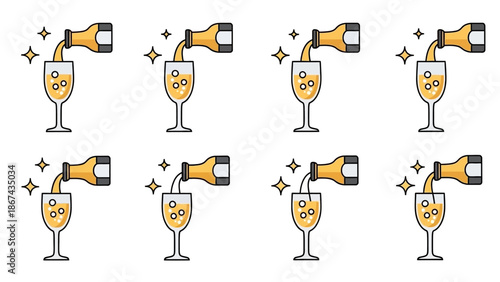 Champagne pouring sequence illustration in various stages isolated on white