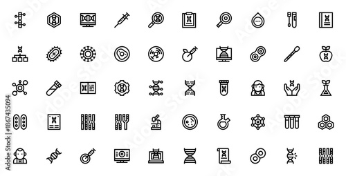 Genetic icon set. Vector illustration. Includes symbols for DNA, chromosome, research, scientist, test tube, cell, virus, bacteria, molecule and more.