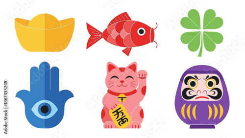Collection of auspicious symbols including gold ingot lucky cat and fish illustrations