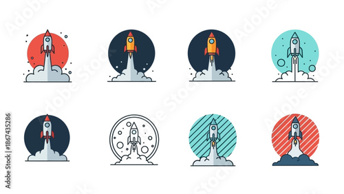 Cartoon rockets launching into space vector illustrations on white background