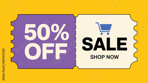 50 percent off sale banner with coupon ticket design, shopping cart icon and shop now call to action for ecommerce promotion