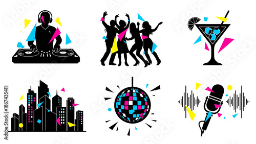 Dj dancers cocktail cityscape disco ball and microphone in flat vector style