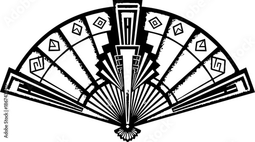 Art Deco Inspired Folding Fan with Geometric Patterns and Detailed Stippled Texture
