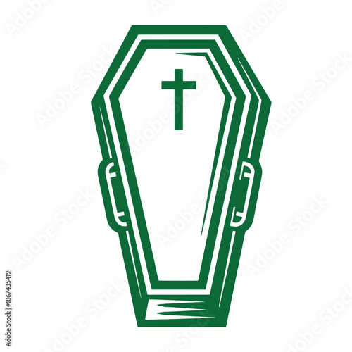 Green coffin icon with cross on top  symbol for death and mourning  funeral concept