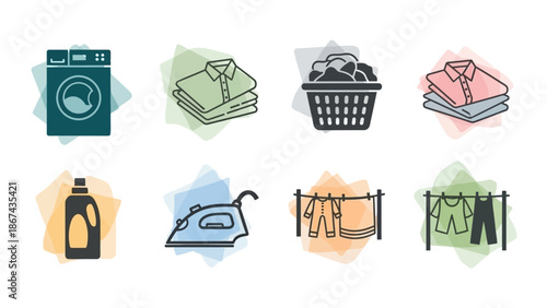 Laundry icons set washing machine clothes iron laundry detergent vector