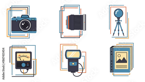 Photography equipment collection camera lens tripod flash meter album