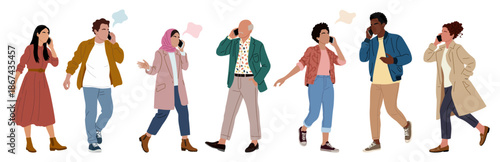 Flat vector illustration of diverse men and women walking while talking on smartphones, modern casual fashion, clean minimalist style, isolated on transparent background