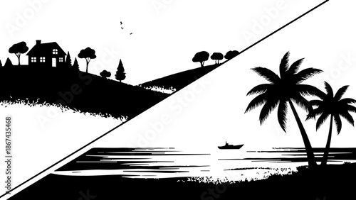 Dual Landscape Comparison Illustration, Stippled Night Countryside and Tropical Beach Silhouette with Palm Trees