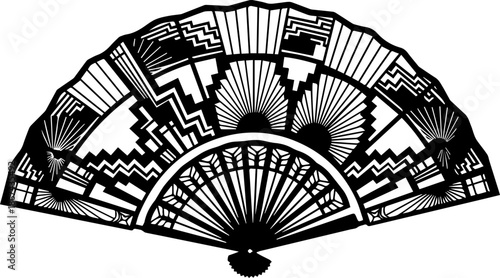 Decorative Art Deco Folding Fan Silhouette with Geometric City and Sunburst Patterns