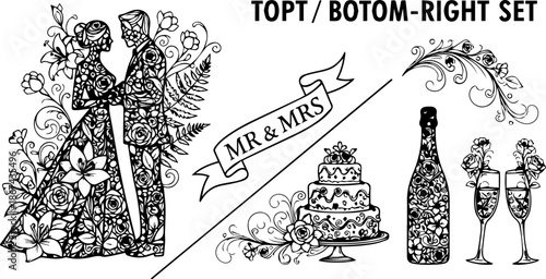 Wedding Themed Line Art Collection featuring Bride and Groom, Three Tier Cake, Champagne and Mr & Mrs Banner