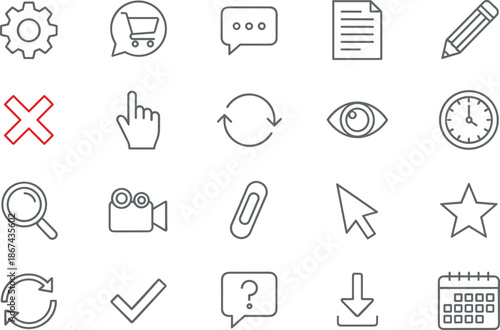 Comprehensive set of outline web icons featuring settings shopping cart chat bubbles document pencil clock and various interface navigation.