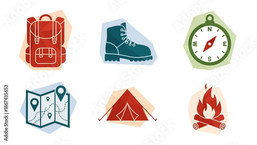 Outdoor adventure set backpack hiking boot compass map tent bonfire icons