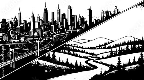 Contrast Illustration of Urban Cityscape and Natural River Valley, Detailed Stippled Dotwork Art