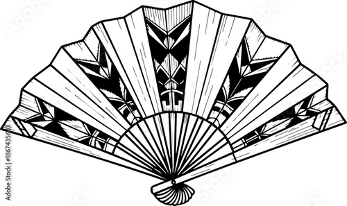 Stylized Decorative Folding Fan with Geometric Art Deco Pattern, Black and White Line Art Illustration