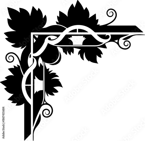 Black Silhouette of Grapevine Corner Ornament, Decorative Leaf and Vine Design for Wine Labels and Menus