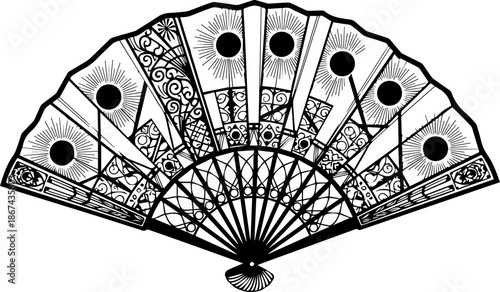 Ornate Art Deco Hand Fan with Sun and Moon Motifs and Intricate Floral Details