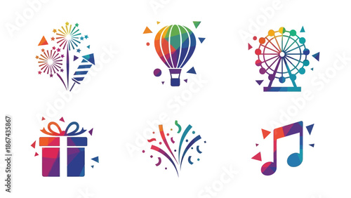 Colorful celebration icons fireworks balloon ferris wheel gift confetti and music