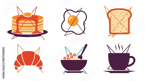 Breakfast food icons pancakes eggs toast croissant cereal coffee cup