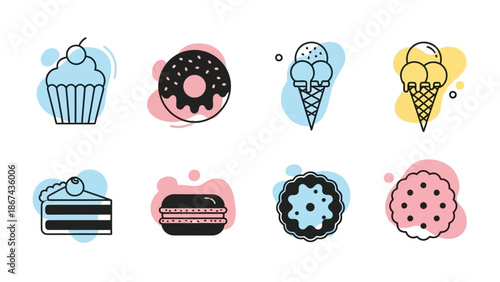 Assorted sweet treats and desserts collection with colorful abstract shapes