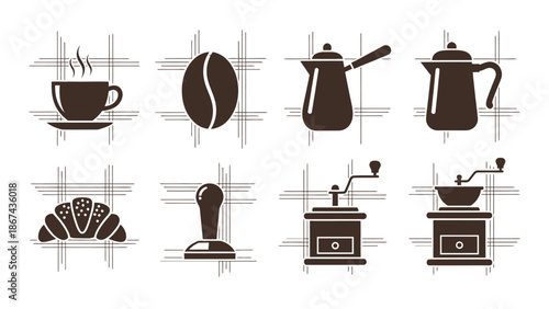 Coffee icons set cup bean pot croissant grinder stamp vector design
