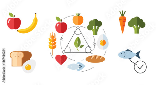 Healthy food and abstract elements including apple, banana, bread, egg, wheat, and heart on white background