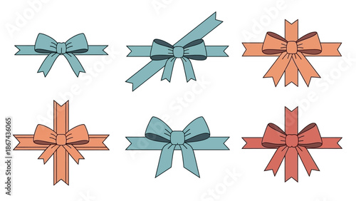 Set of decorative bows in various colors and arrangements on white