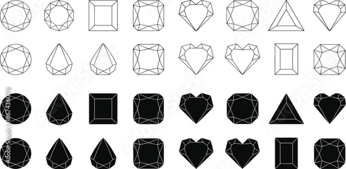 Set of black diamond symbols and elegant necklace pendants with various gemstone cuts and sparkles isolated on white background.