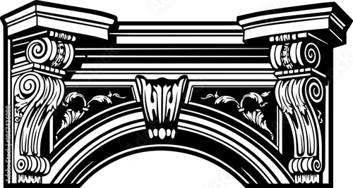 Classical Architectural Frieze Illustration with Scroll Ornaments and Columns, Vintage Black and White Engraving Style Design Element
