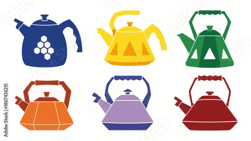 Colorful teapots set decorative kitchenware collection on white background