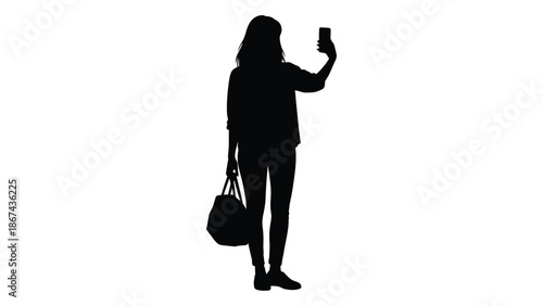 Silhouette of a woman taking a selfie with a mobile phone and a bag