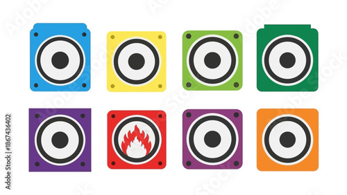 Colorful speaker set illustration audio equipment icons in various colors