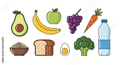 Avocado, banana, apple, oatmeal, and bread slices arranged in a flat illustration with black outlines and a white background.