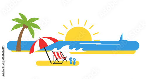 Beach scene with palm tree, red and white striped umbrella, striped beach chair, sun, and stylized ocean waves on a white background.