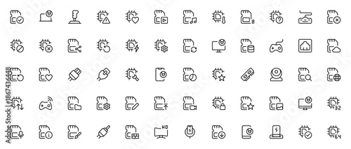 Devices icon set. Technology vector icons pack. Featuring laptop, keyboard, webcam, gamepad, cloud, settings, download, wifi, usb and more. Editable stroke.