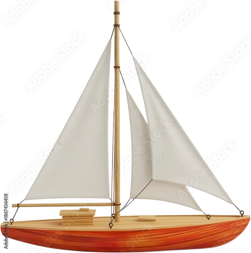 Detailed wooden sailboat with white sails and red hull featuring a mast and rigging ready for nautical adventures sailing marine vessel water sea ocean travel leisure hobby transparent background