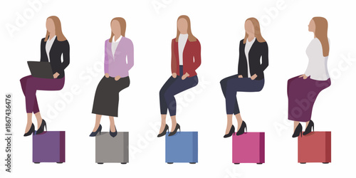 Five women in business attire sitting on colorful cube stools